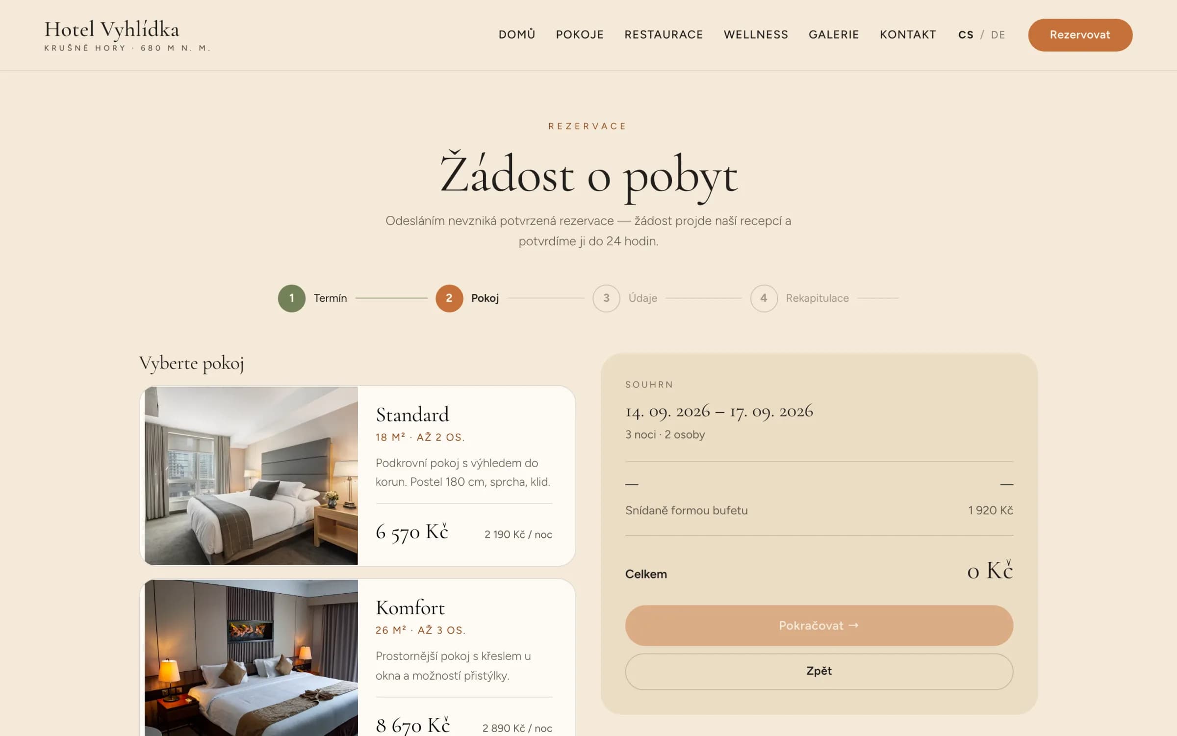 Krok 2 — výběr pokoje, doplňky a průběžný souhrn ceny